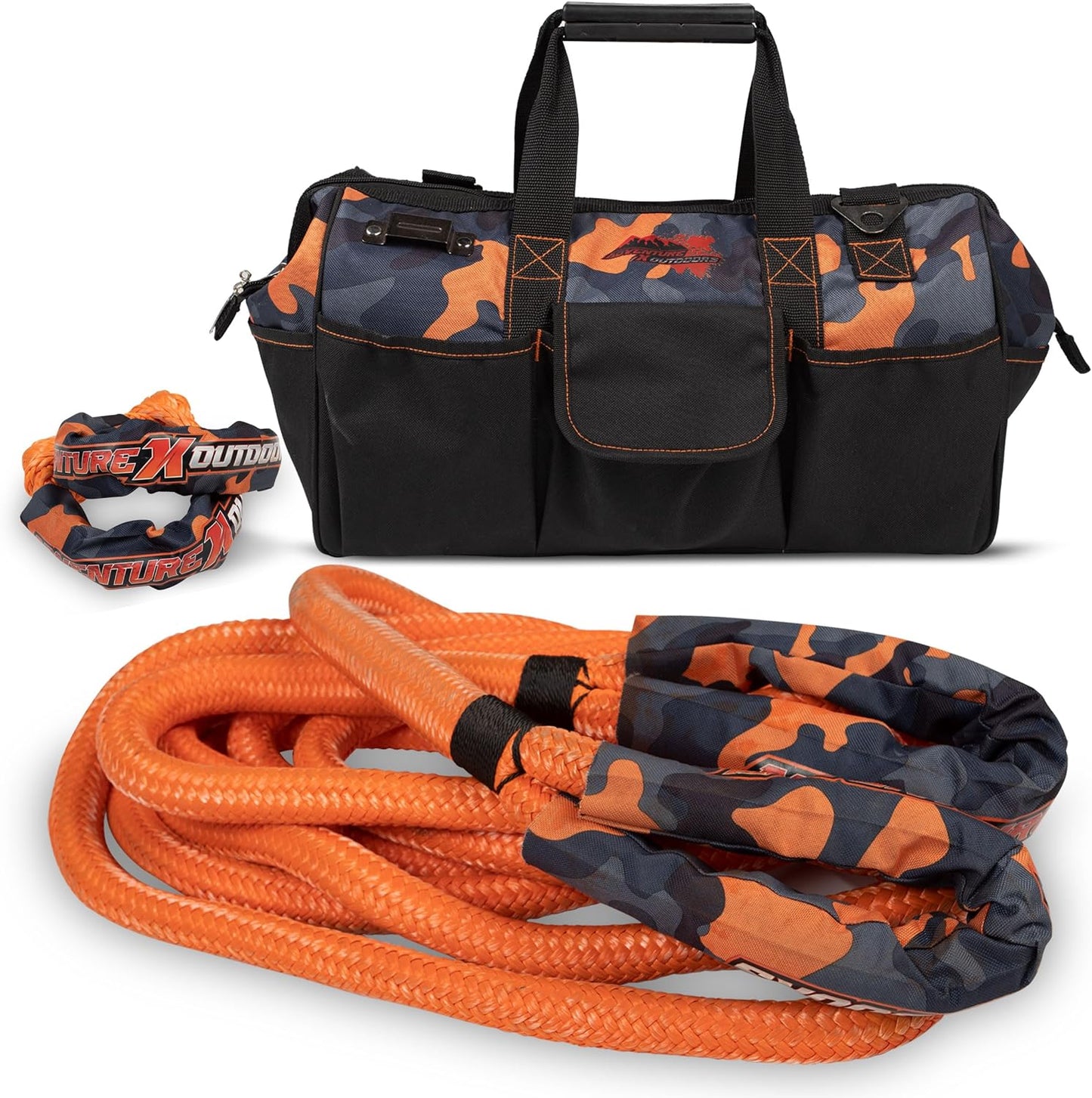 Adventure X Outdoors (1in x 30ft) Kinetic Recovery Rope (34,370lbs)- Off-Road Kinetic Tow Rope, Kinetic Rope Kit Includes Orange Camo Storage Bag and 1/2 x 20 Soft Shackles