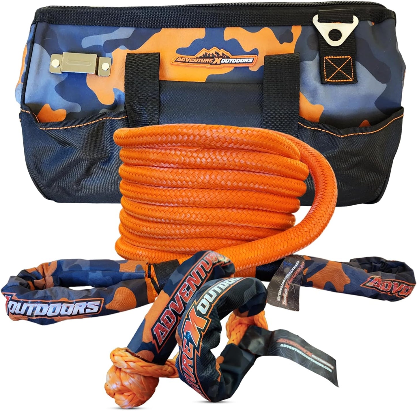 Adventure X Outdoors (1in x 30ft) Kinetic Recovery Rope (34,370lbs)- Off-Road Kinetic Tow Rope, Kinetic Rope Kit Includes Orange Camo Storage Bag and 1/2 x 20 Soft Shackles