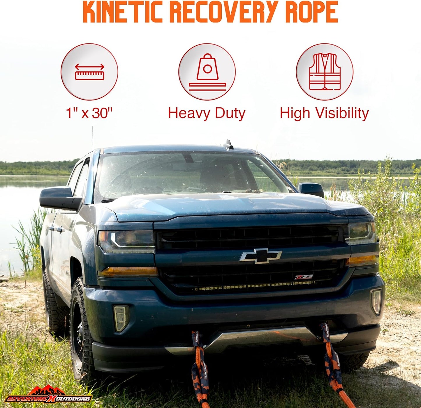 Adventure X Outdoors (1in x 30ft) Kinetic Recovery Rope (34,370lbs)- Off-Road Kinetic Tow Rope, Kinetic Rope Kit Includes Orange Camo Storage Bag and 1/2 x 20 Soft Shackles