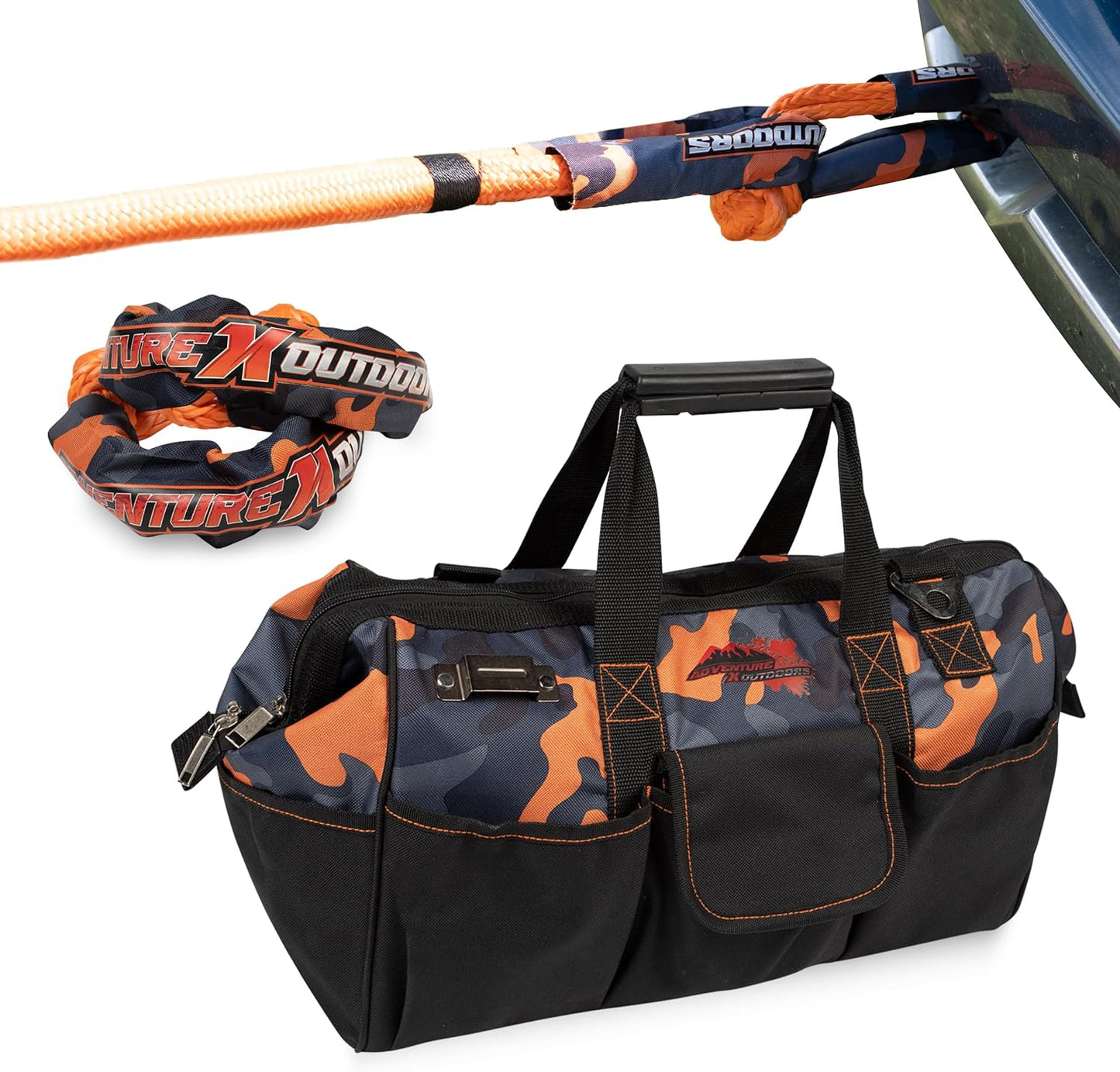 Adventure X Outdoors (1in x 30ft) Kinetic Recovery Rope (34,370lbs)- Off-Road Kinetic Tow Rope, Kinetic Rope Kit Includes Orange Camo Storage Bag and 1/2 x 20 Soft Shackles